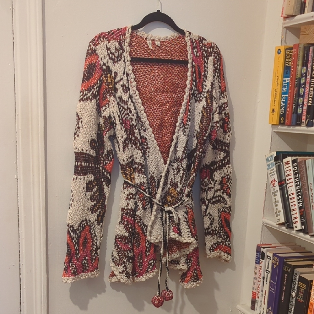 Colorful Knit Cardigan with Tie Waist With Pom-poms Size L